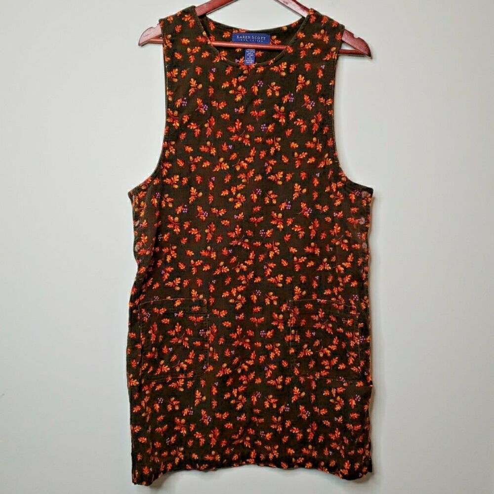 Karen Scott Corduroy Dress Womens Size MEDIUM Sleeveless Jumper Fall Leaves 90s